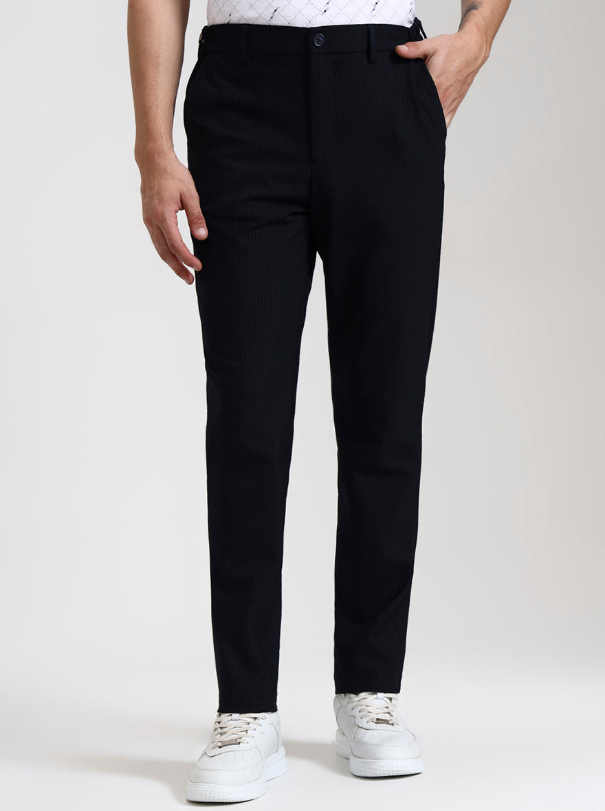 Navy Blue Striped Slim Fit Casual Trouser | JadeBlue