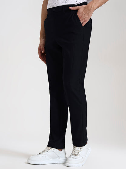 Navy Blue Striped Slim Fit Casual Trouser | JadeBlue