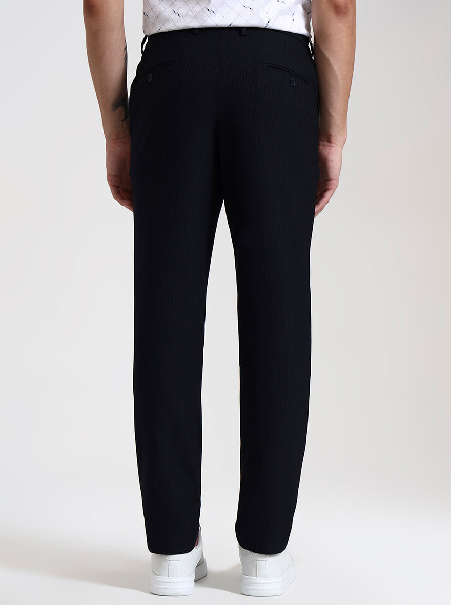Navy Blue Striped Slim Fit Casual Trouser | JadeBlue
