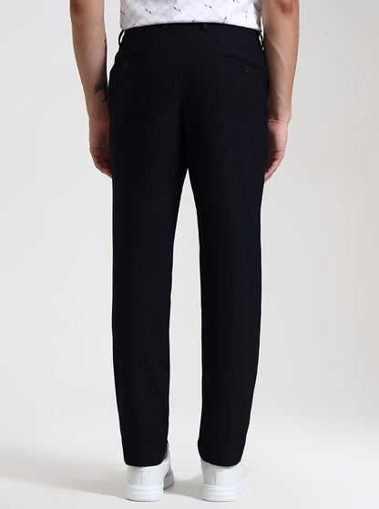 Navy Blue Striped Slim Fit Casual Trouser | JadeBlue