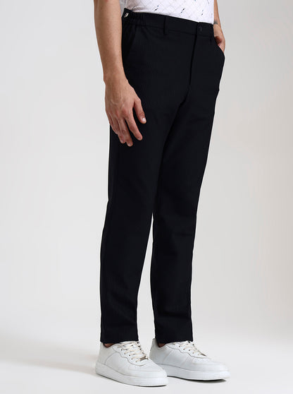 Navy Blue Striped Slim Fit Casual Trouser | JadeBlue