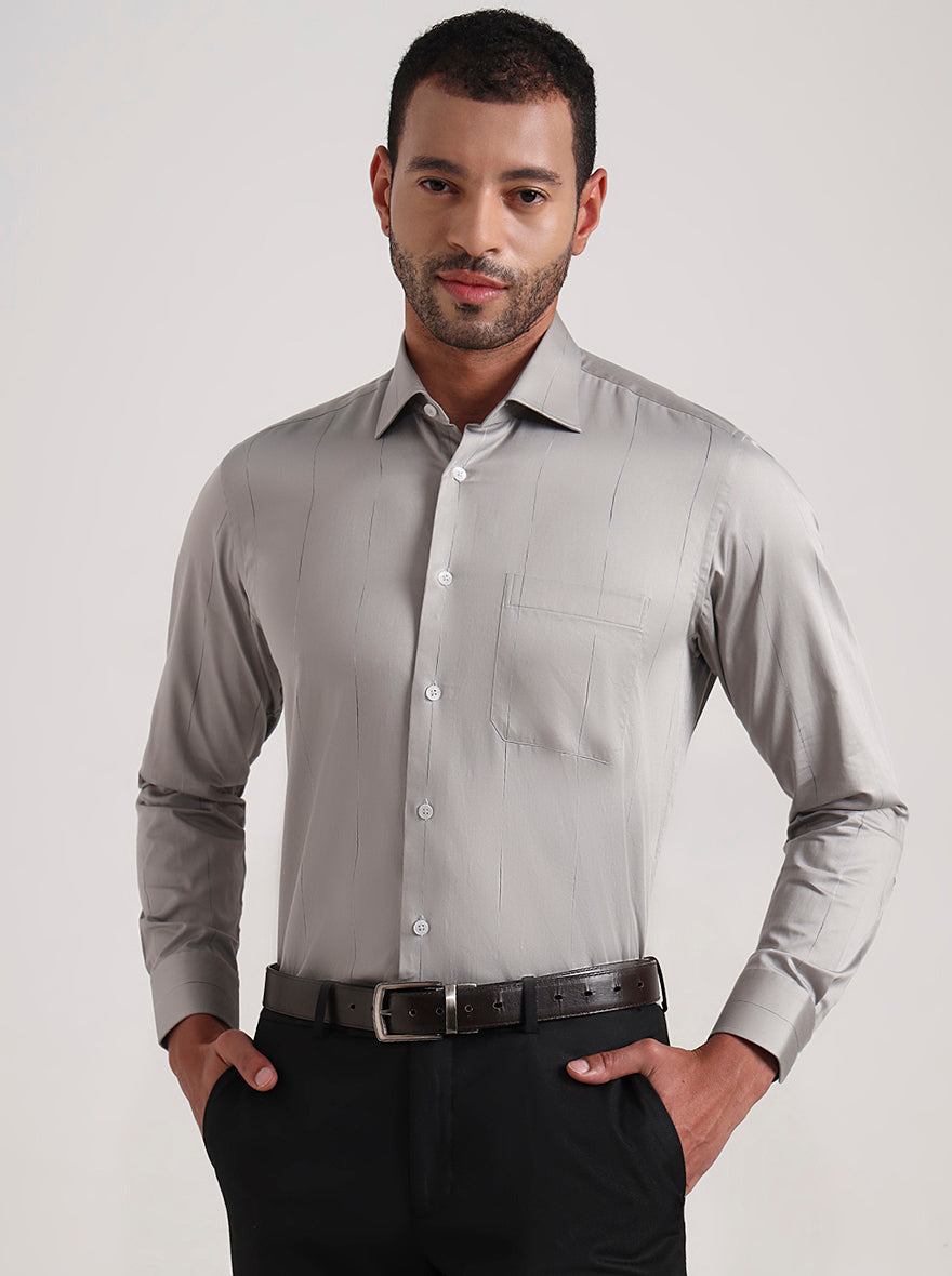 Grey Striped Slim Fit Formal Shirt | Metal