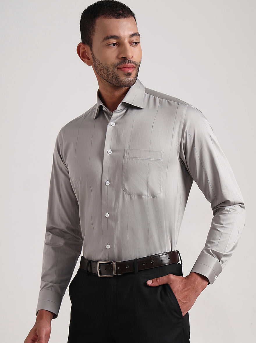 Grey Striped Slim Fit Formal Shirt | Metal