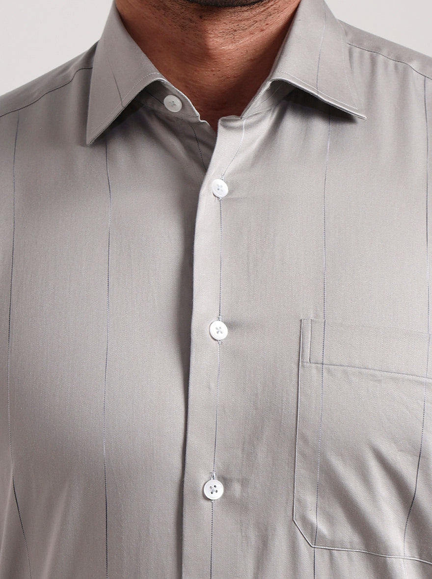 Grey Striped Slim Fit Formal Shirt | Metal