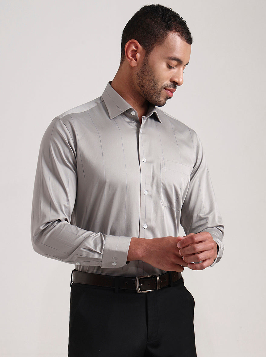 Grey Striped Slim Fit Formal Shirt | Metal