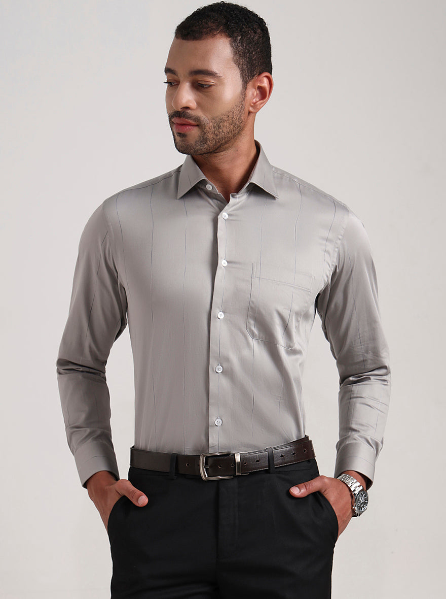 Grey Striped Slim Fit Formal Shirt | Metal
