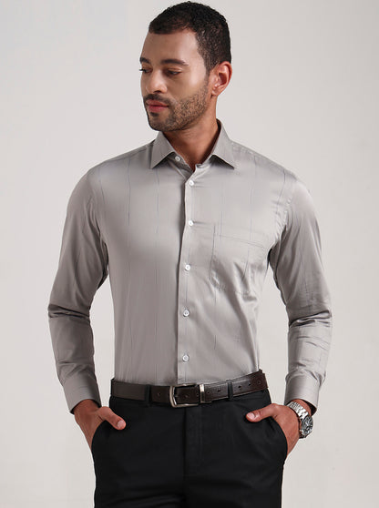 Grey Striped Slim Fit Formal Shirt | Metal