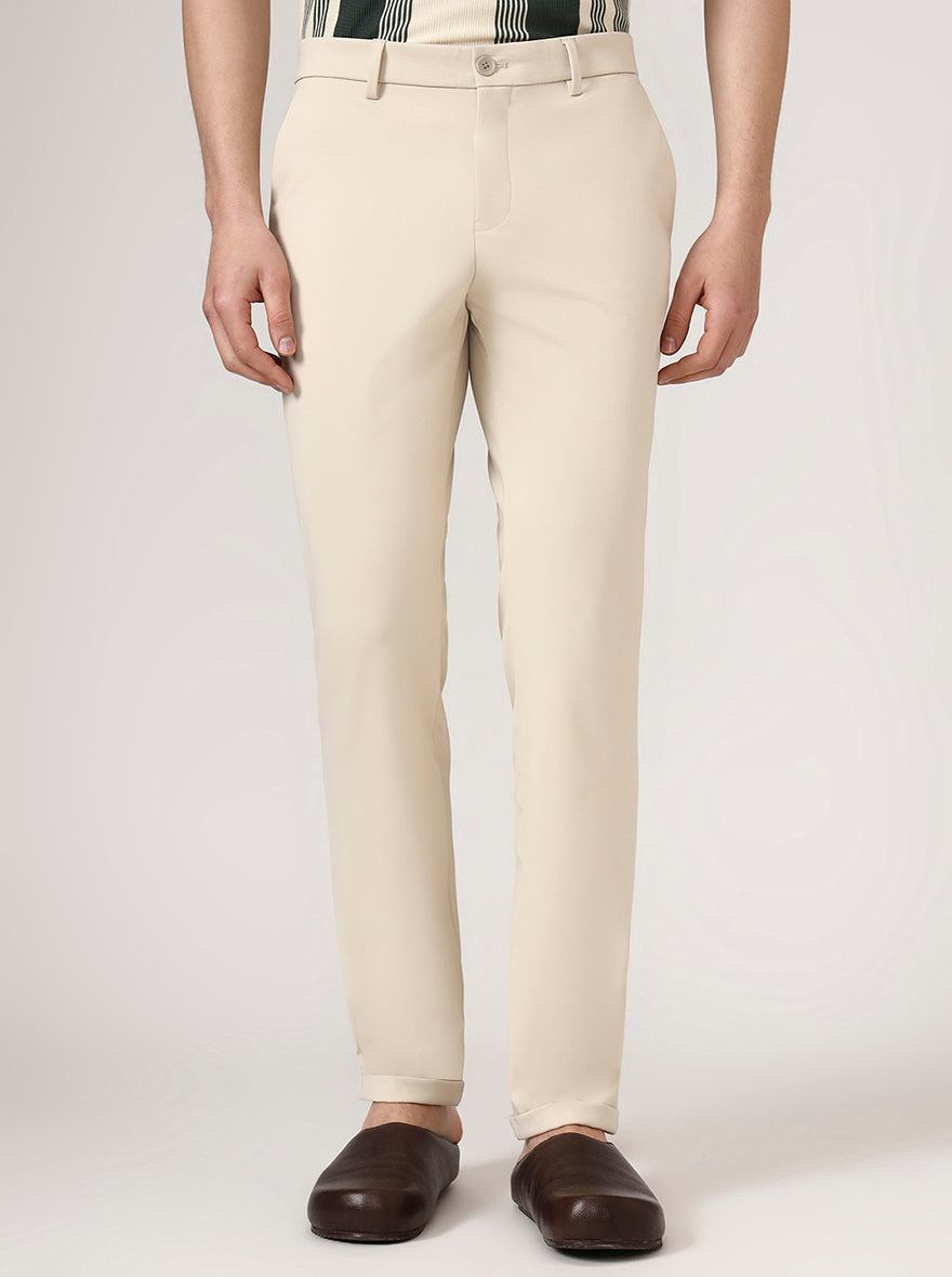 Cream Solid Venice Fit Casual Trouser | JadeBlue