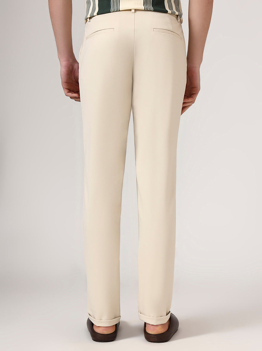 Cream Solid Venice Fit Casual Trouser | JadeBlue