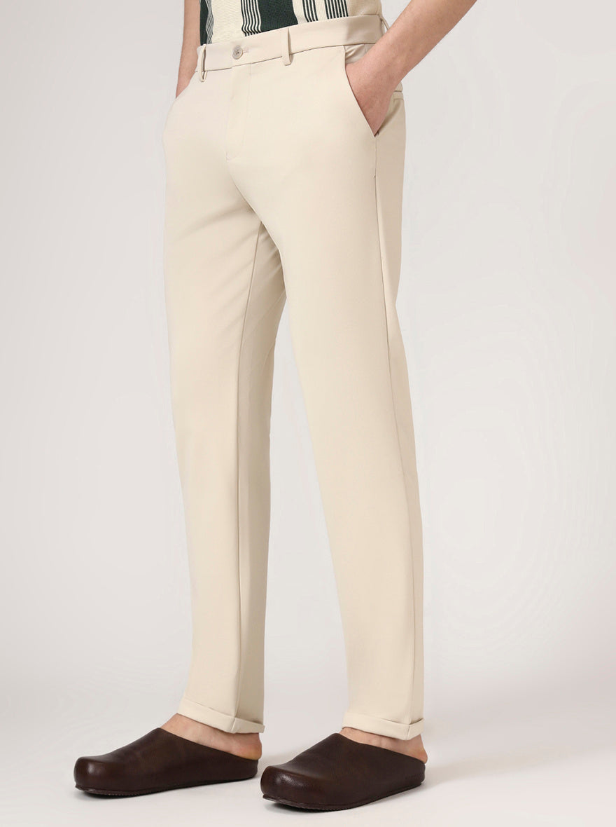 Cream Solid Venice Fit Casual Trouser | JadeBlue