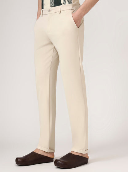 Cream Solid Venice Fit Casual Trouser | JadeBlue