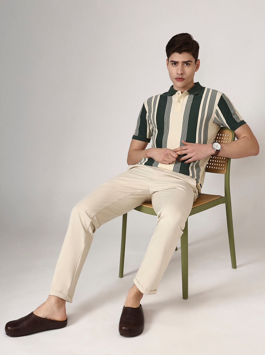 Cream Solid Venice Fit Casual Trouser | JadeBlue