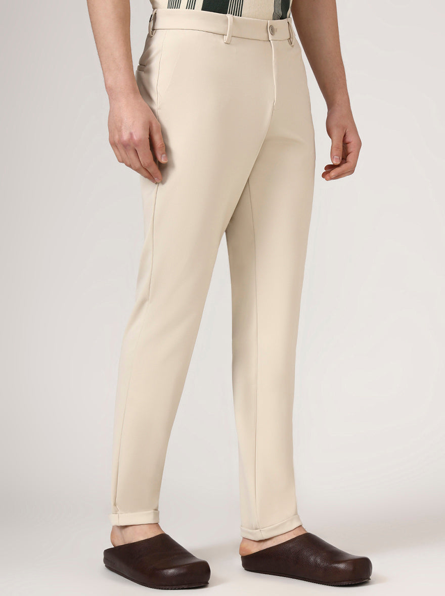 Cream Solid Venice Fit Casual Trouser | JadeBlue