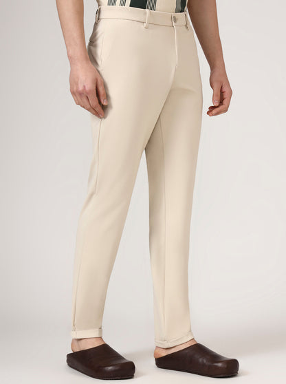 Cream Solid Venice Fit Casual Trouser | JadeBlue