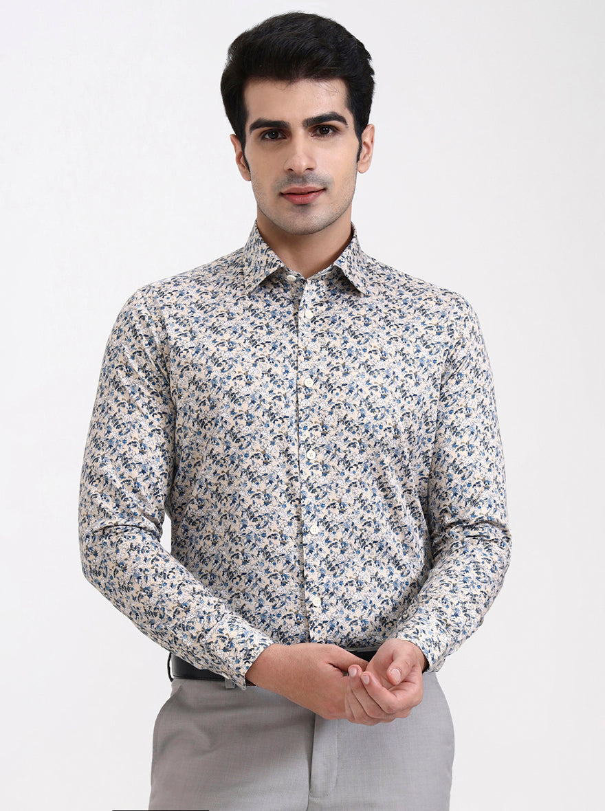 Cream & Blue Printed Slim Fit Party Wear Shirt | Wyre