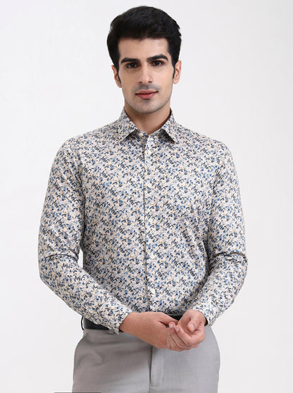 Cream & Blue Printed Slim Fit Party Wear Shirt | Wyre