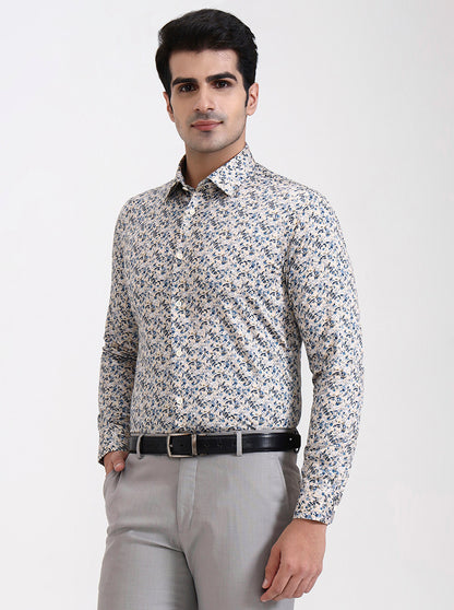 Cream & Blue Printed Slim Fit Party Wear Shirt | Wyre