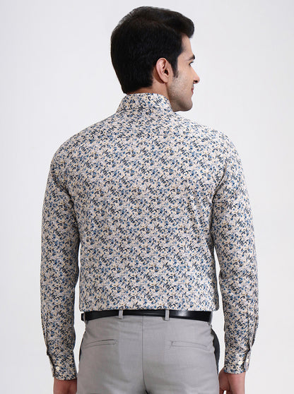 Cream & Blue Printed Slim Fit Party Wear Shirt | Wyre