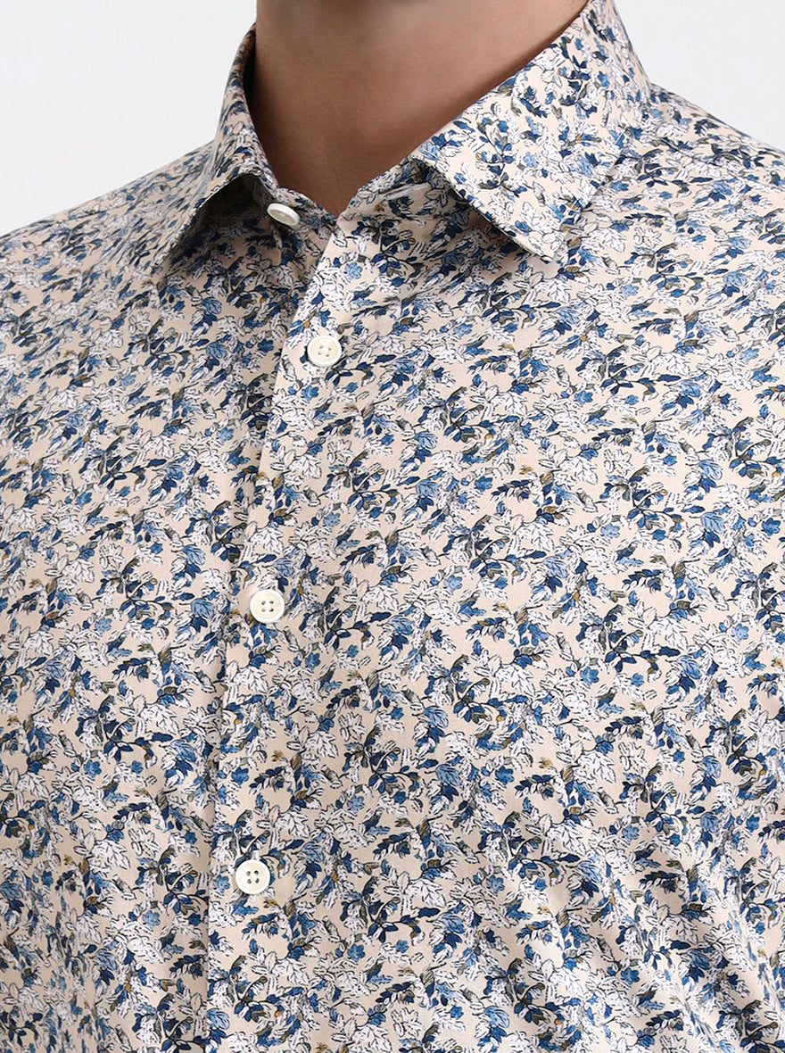 Cream & Blue Printed Slim Fit Party Wear Shirt | Wyre