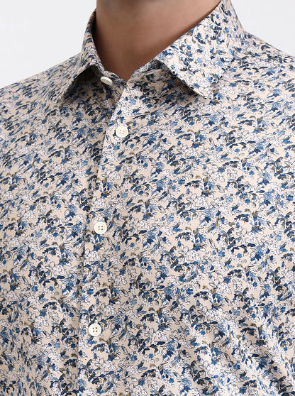 Cream & Blue Printed Slim Fit Party Wear Shirt | Wyre