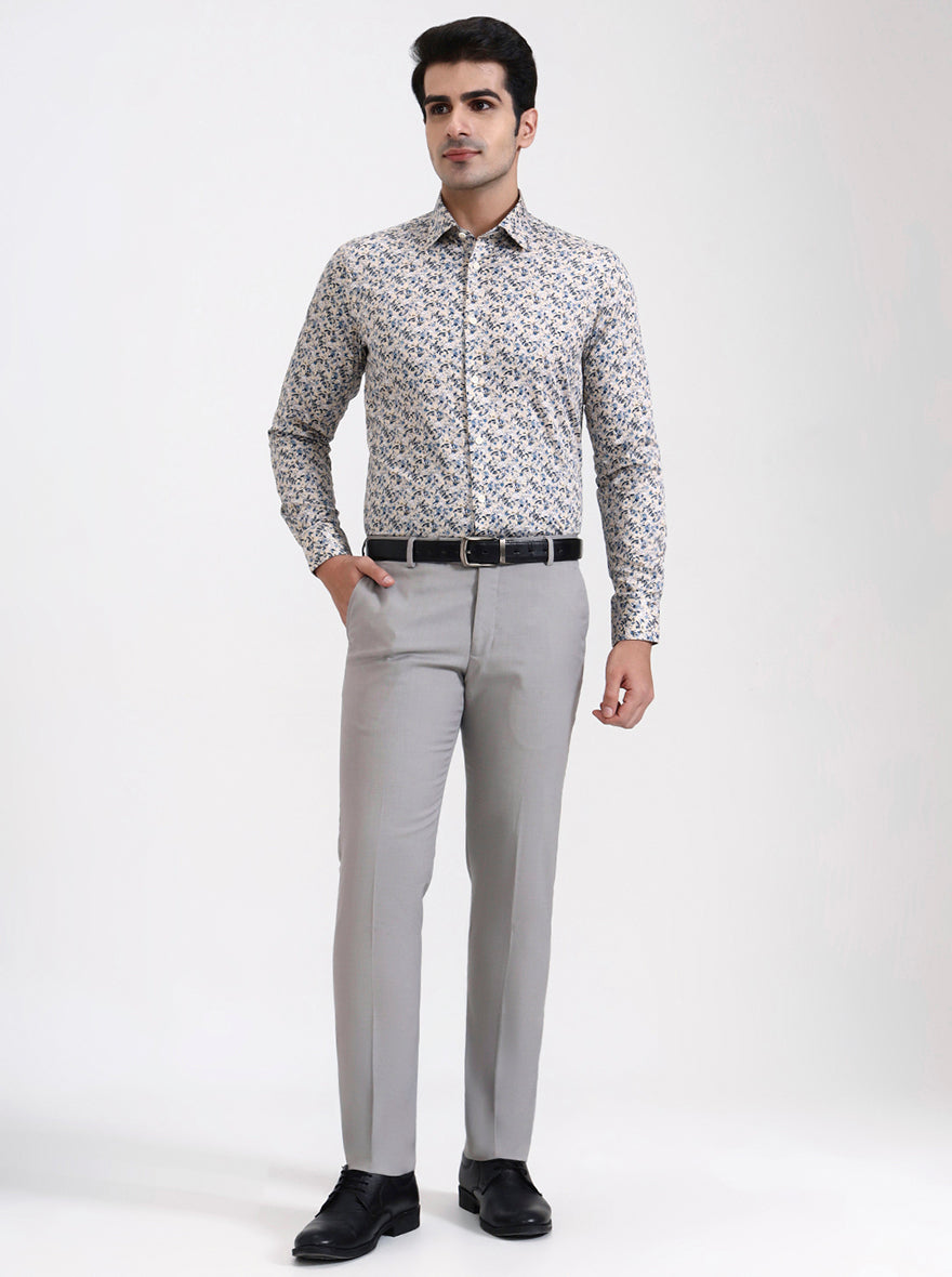 Cream & Blue Printed Slim Fit Party Wear Shirt | Wyre