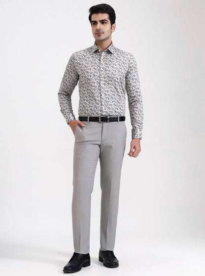 Cream & Blue Printed Slim Fit Party Wear Shirt | Wyre