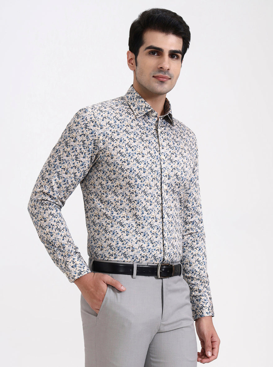 Cream & Blue Printed Slim Fit Party Wear Shirt | Wyre