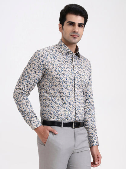 Cream & Blue Printed Slim Fit Party Wear Shirt | Wyre