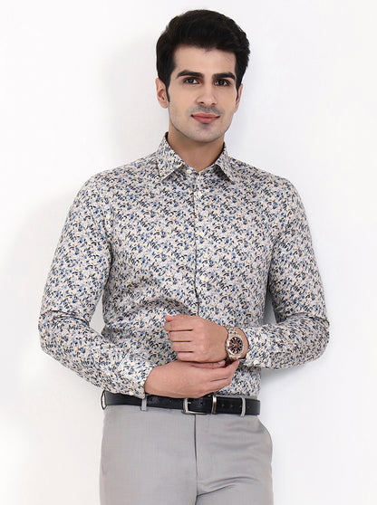 Cream & Blue Printed Slim Fit Party Wear Shirt | Wyre