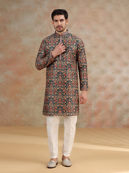 Dark Teal Printed and Embroidered Kurta Pajama | JB X JB