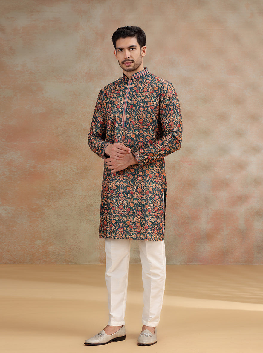 Dark Teal Printed and Embroidered Kurta Pajama | JB X JB