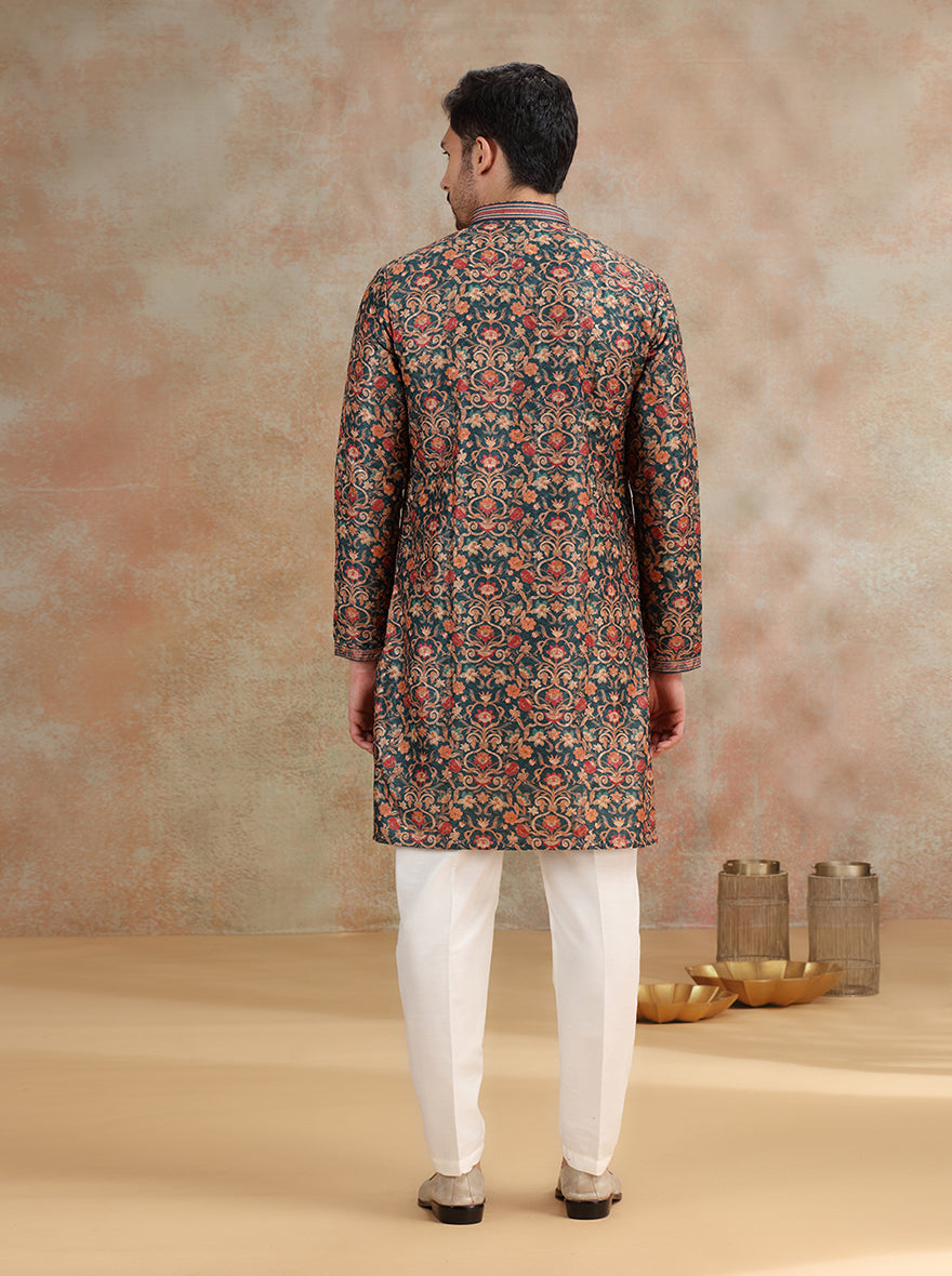 Dark Teal Printed and Embroidered Kurta Pajama | JB X JB