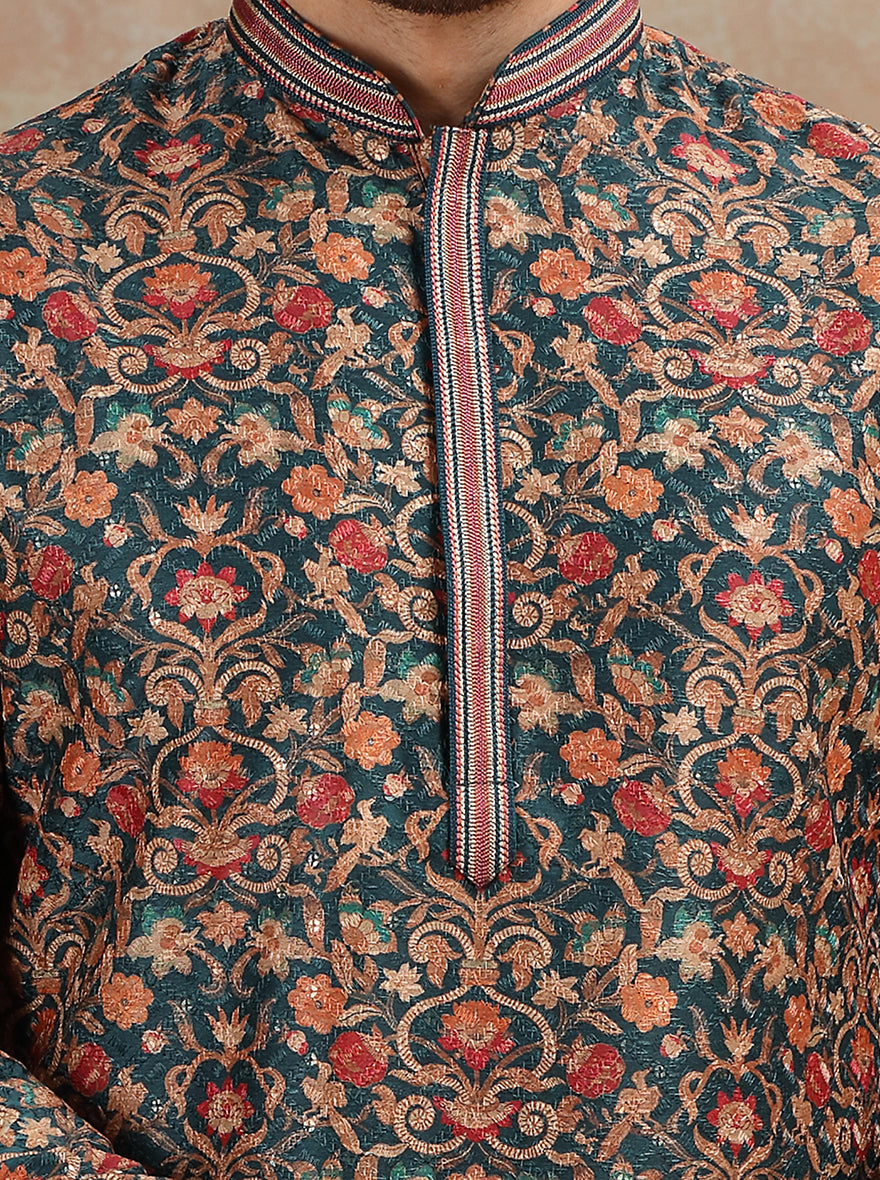Dark Teal Printed and Embroidered Kurta Pajama | JB X JB