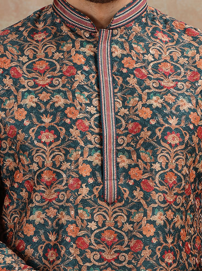 Dark Teal Printed and Embroidered Kurta Pajama | JB X JB