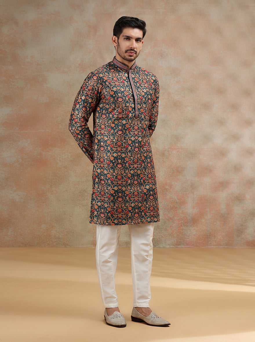 Dark Teal Printed and Embroidered Kurta Pajama | JB X JB