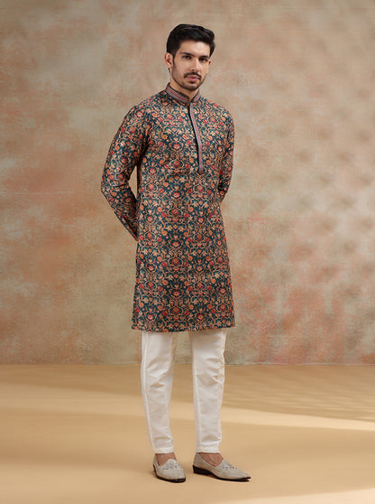 Dark Teal Printed and Embroidered Kurta Pajama | JB X JB
