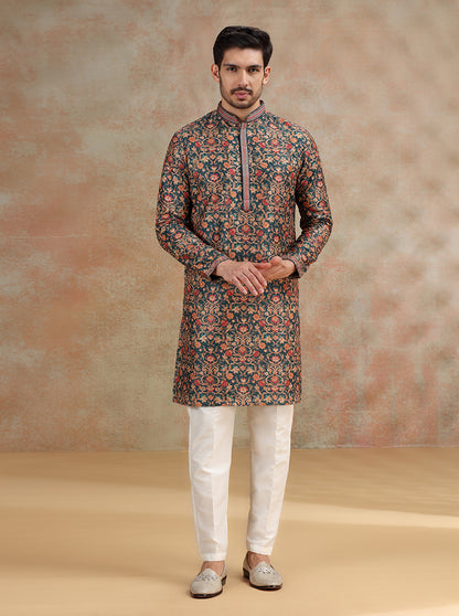Dark Teal Printed and Embroidered Kurta Pajama | JB X JB