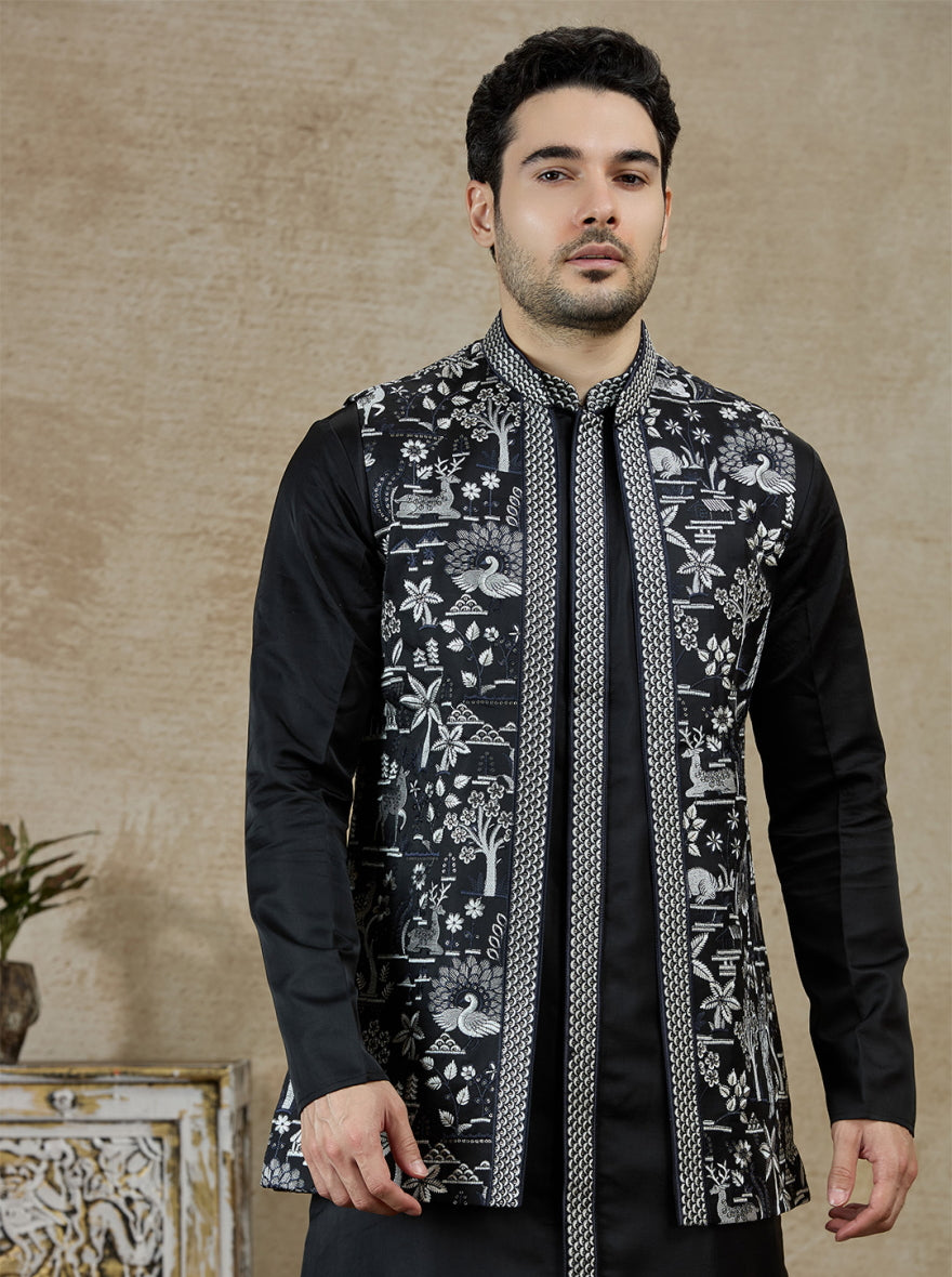 Black Embroidered Kurta Pajama with Koti | Virasana