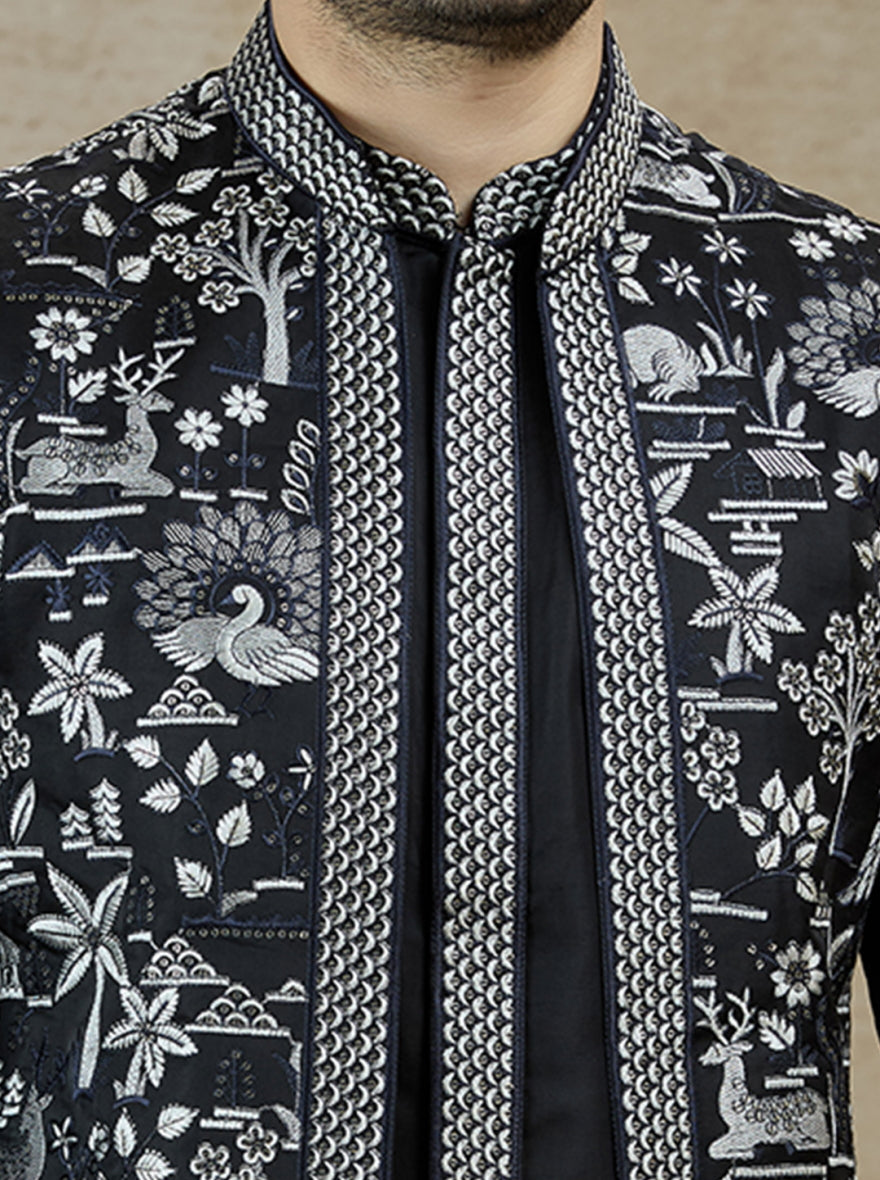 Black Embroidered Kurta Pajama with Koti | Virasana