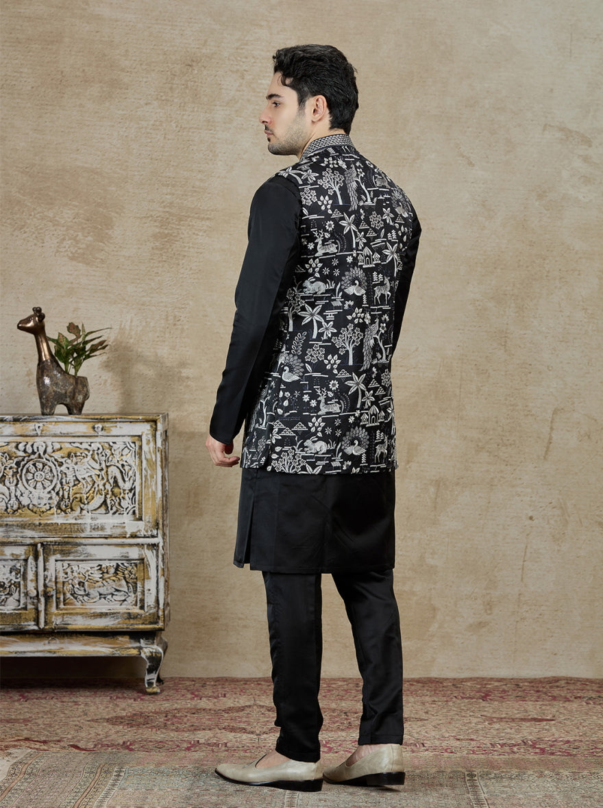 Black Embroidered Kurta Pajama with Koti | Virasana