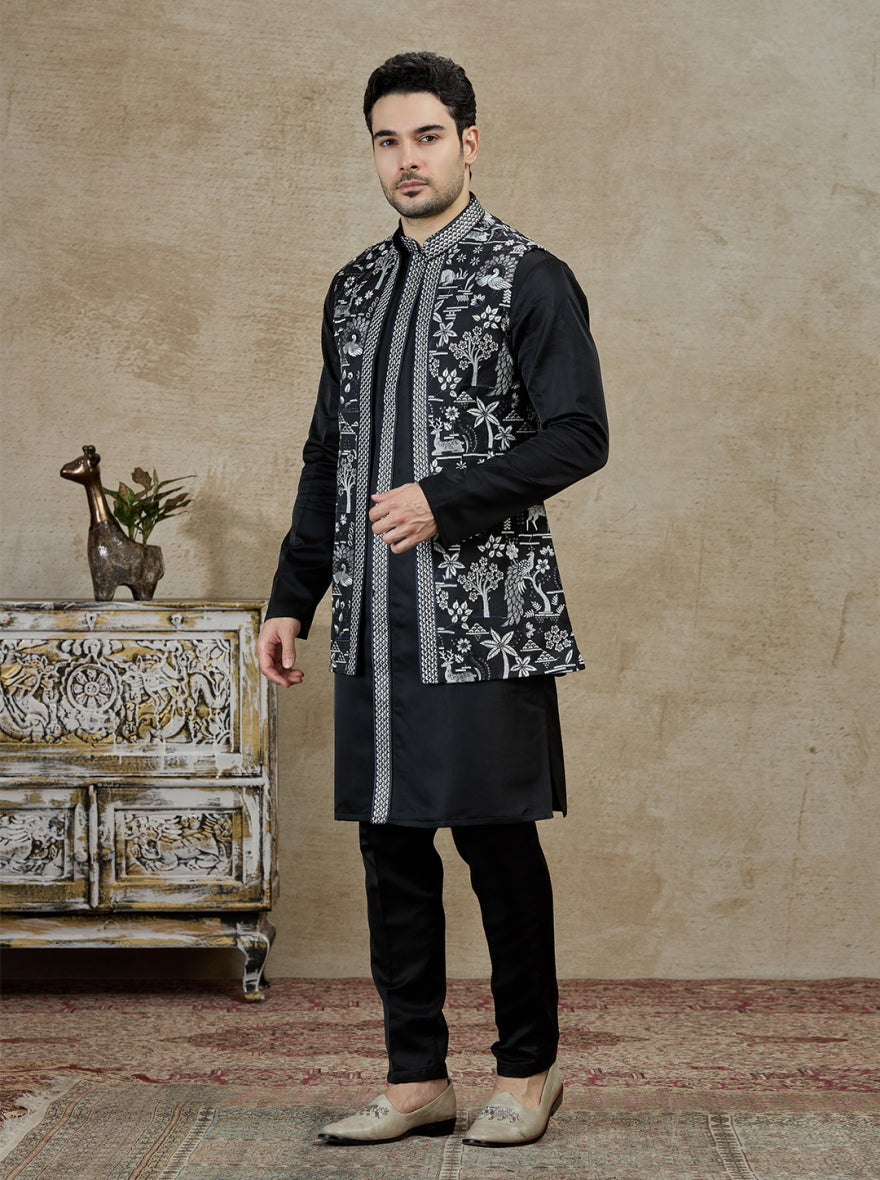 Black Embroidered Kurta Pajama with Koti | Virasana