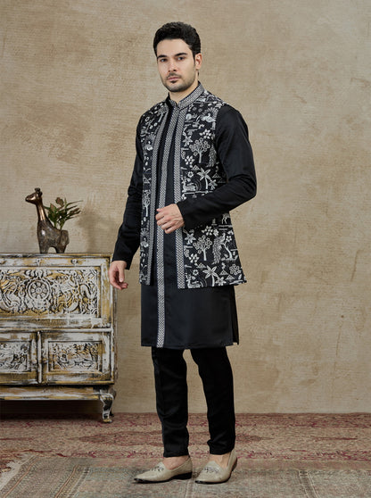 Black Embroidered Kurta Pajama with Koti | Virasana