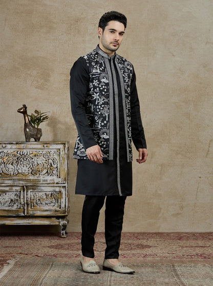 Black Embroidered Kurta Pajama with Koti | Virasana
