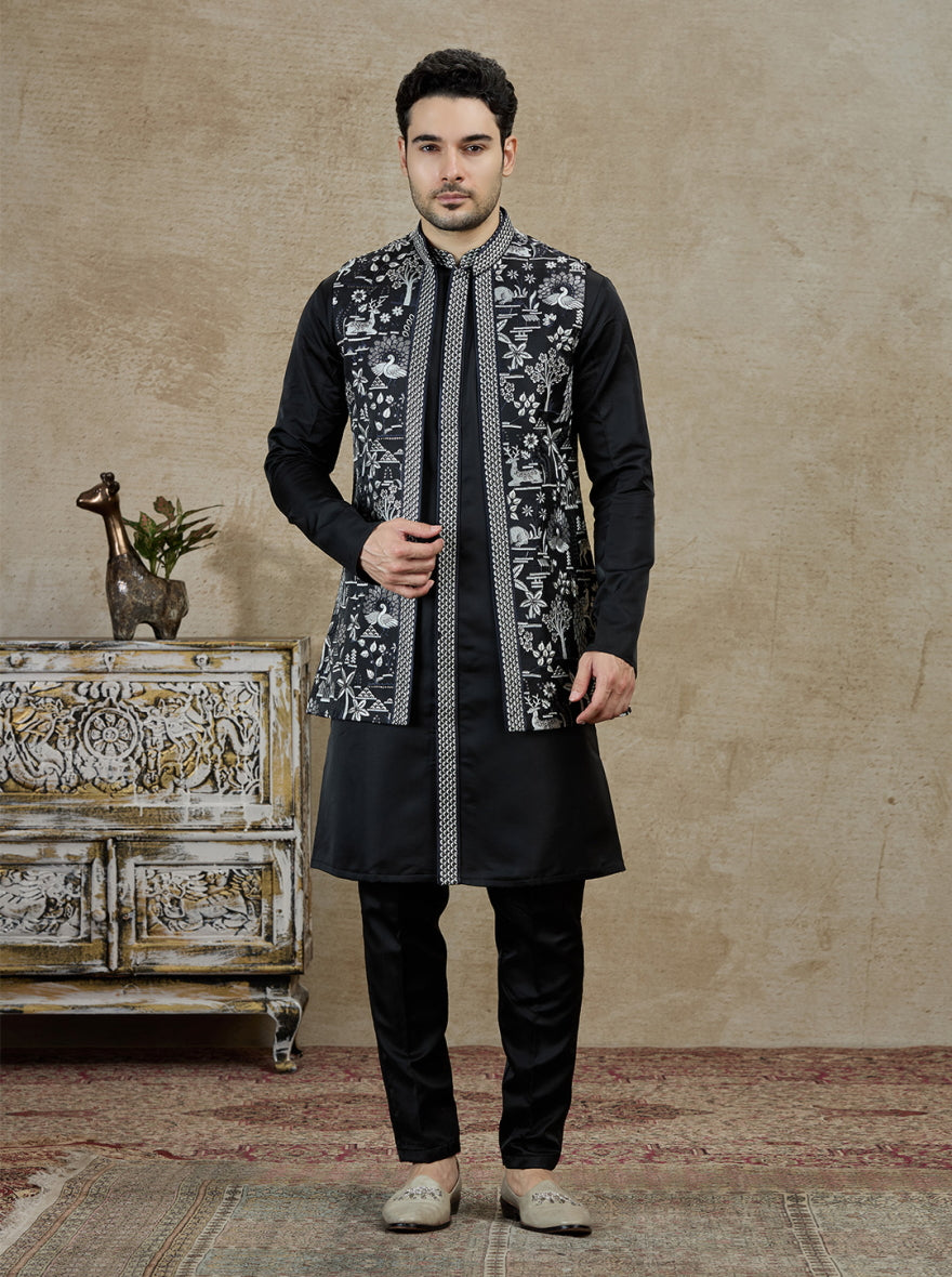 Black Embroidered Kurta Pajama with Koti | Virasana