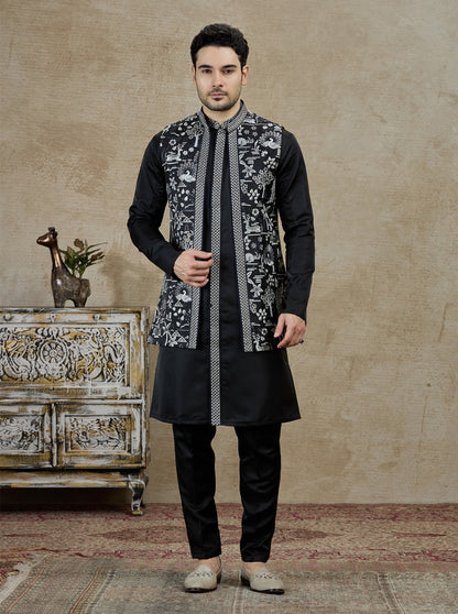 Black Embroidered Kurta Pajama with Koti | Virasana