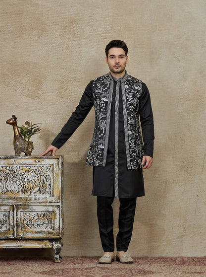 Black Embroidered Kurta Pajama with Koti | Virasana