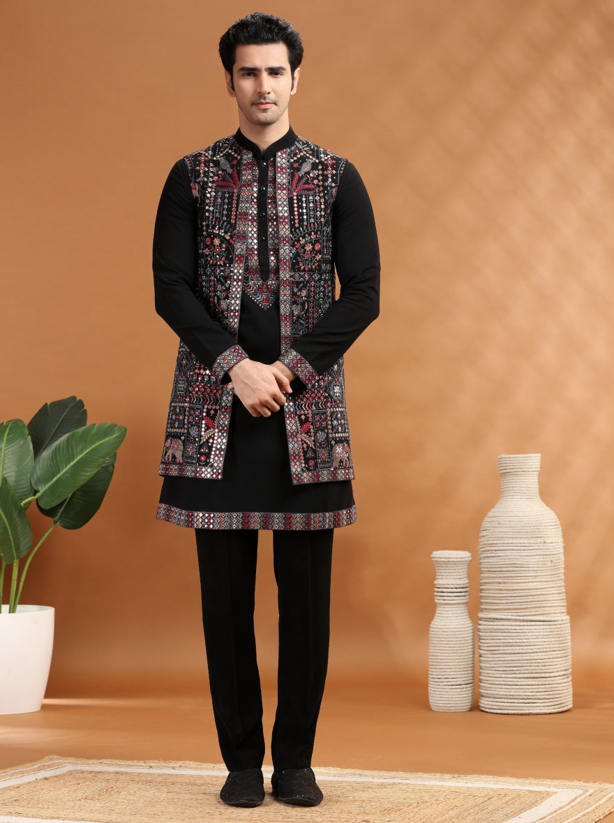 Black Embroidered Kurta Pajama with Koti | TULA