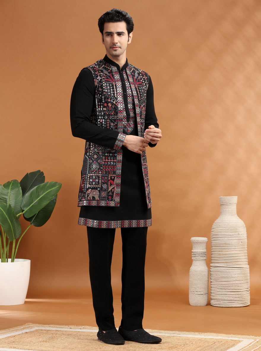 Black Embroidered Kurta Pajama with Koti | TULA