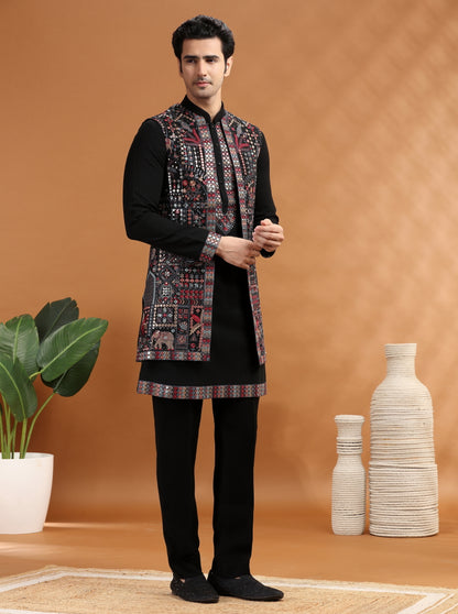 Black Embroidered Kurta Pajama with Koti | TULA