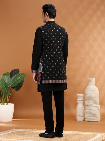 Black Embroidered Kurta Pajama with Koti | TULA